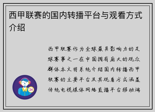 西甲联赛的国内转播平台与观看方式介绍
